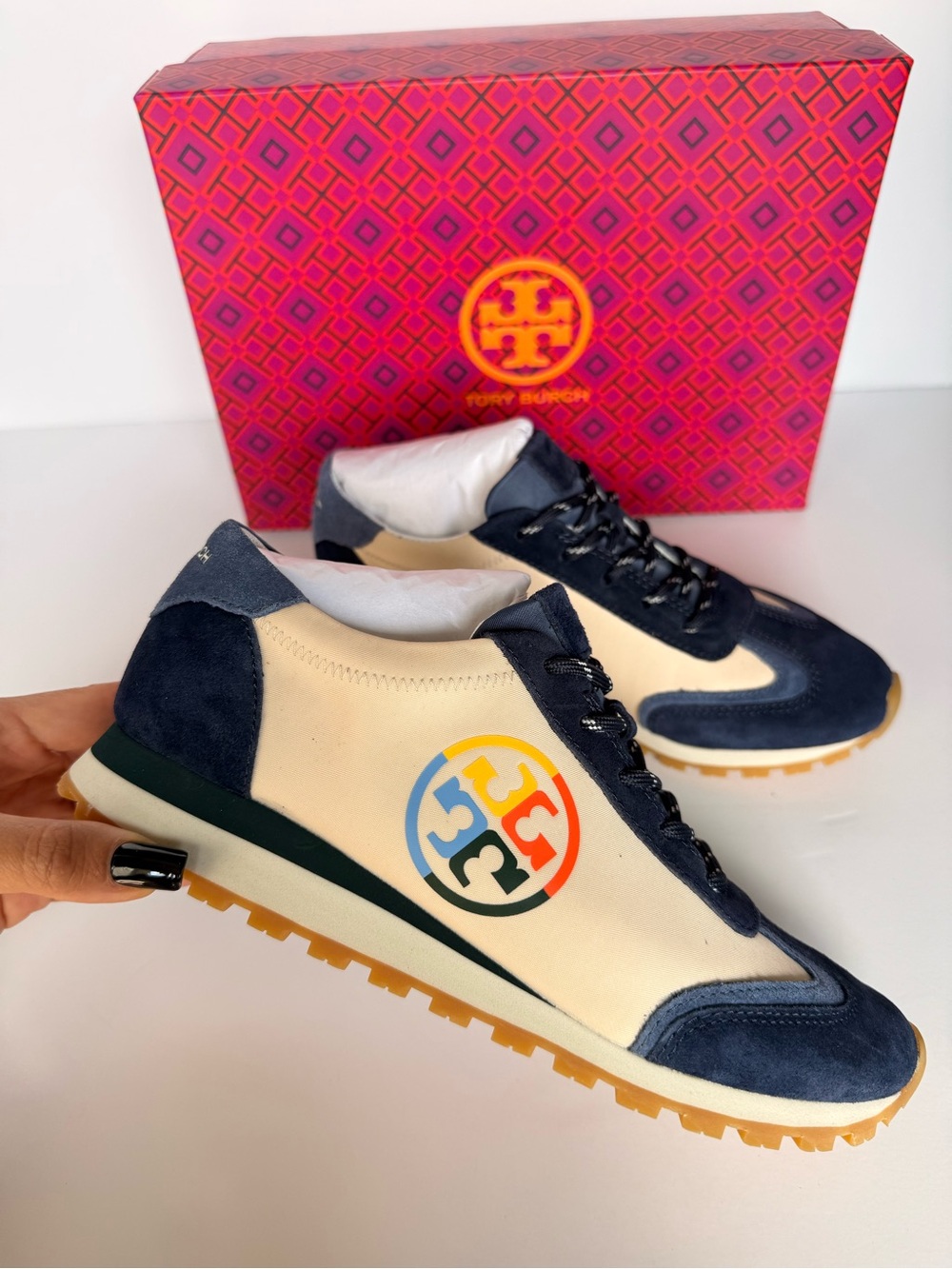 Tory Burch Annie Nylon Runner Sneakers New Cream Tempesta Blue Suede 7.5